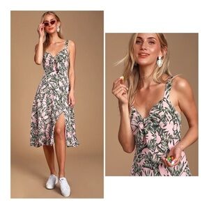 LULUS La Paz Pink and Green Leaf Print Tie-Front Midi Dress